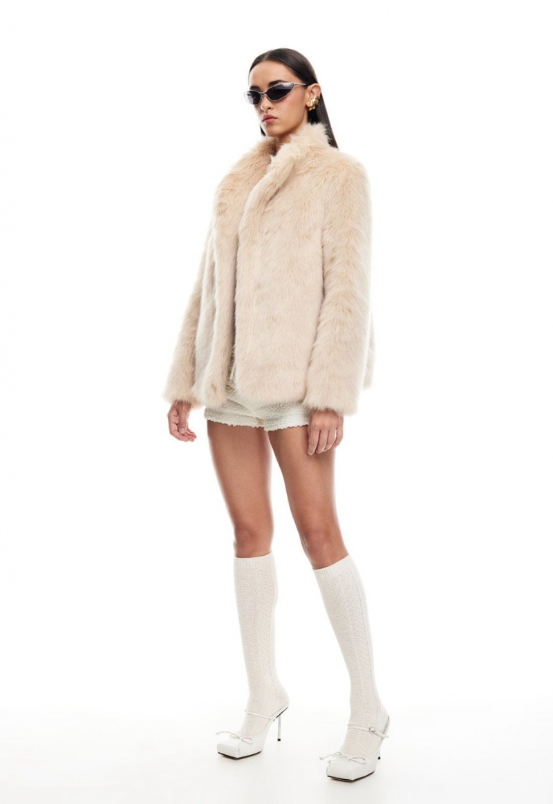 Beige Lioness Bada Bing Faux Fur Coat | India-WKADF4567