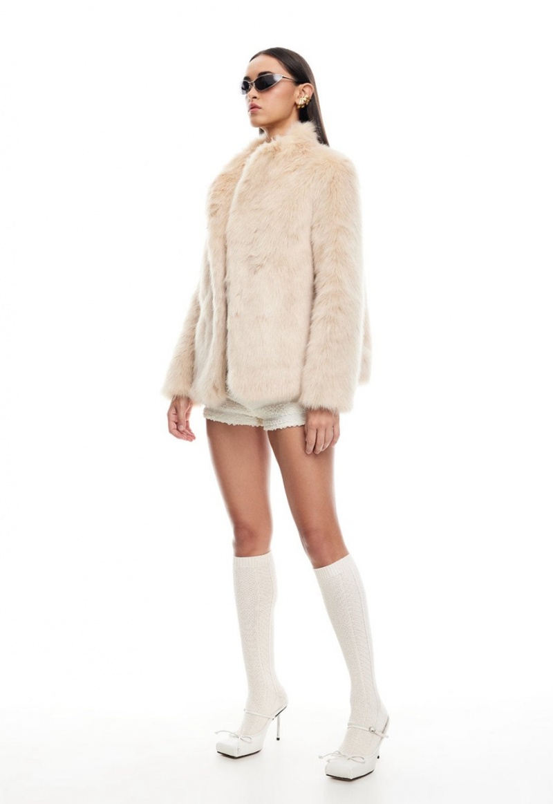 Beige Lioness Bada Bing Faux Fur Coat | India-WKADF4567