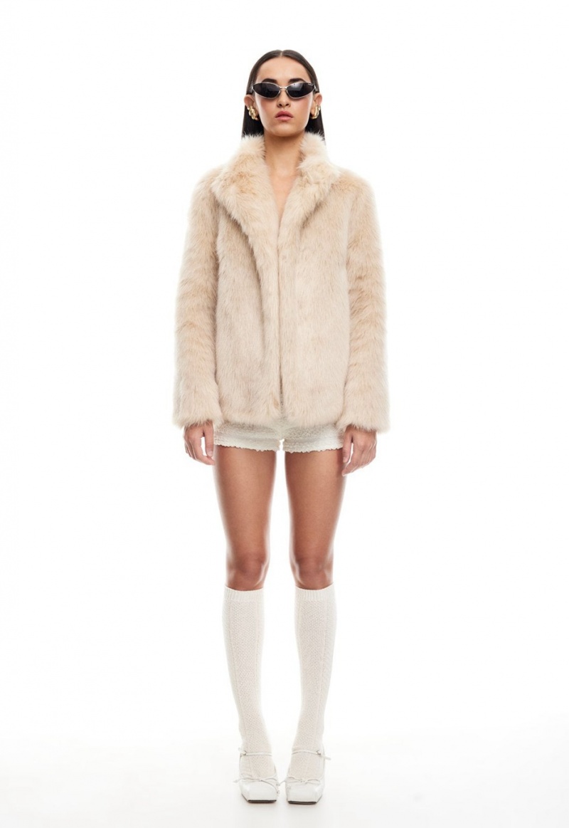 Beige Lioness Bada Bing Faux Fur Coat | India-WKADF4567